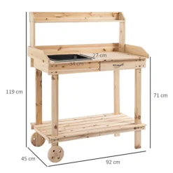 Outsunny Wood Potting Bench Work Table W/ 2 Wheels & Drawer, 92x45x119cm -Outsunny Garden Zone outsunny wood potting bench work table w 2 wheels drawer 92x45x119cm5056534531256 03c MP