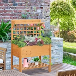 Outsunny Wooden Planter Raised Elevated Garden Bed W/ 2 Shelves, 105x40x135cm