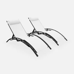 Pair Of Aluminium And Textilene Sun Loungers 4 Reclining Positions Headrest Included Stackable - Louisa - Anthracite Frame Whi