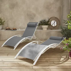Pair Of Aluminium And Textilene Sun Loungers 4 Reclining Positions Headrest Included Stackable - Louisa - White Frame Grey Tex