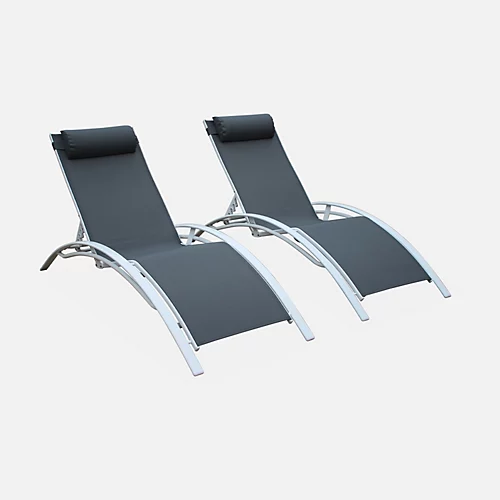 Pair Of Aluminium And Textilene Sun Loungers 4 Reclining Positions Headrest Included Stackable - Louisa - White Frame Grey Tex 2 Pair Of Aluminium And Textilene Sun Loungers 4 Reclining Positions Headrest Included Stackable - Louisa - White Frame Grey Tex - Image 2