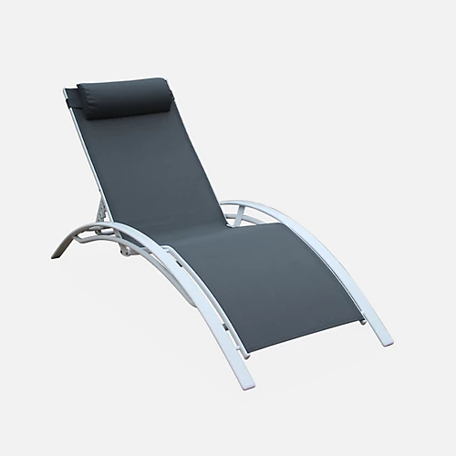 Pair Of Aluminium And Textilene Sun Loungers 4 Reclining Positions Headrest Included Stackable - Louisa - White Frame Grey Tex 3 Pair Of Aluminium And Textilene Sun Loungers 4 Reclining Positions Headrest Included Stackable - Louisa - White Frame Grey Tex - Image 3