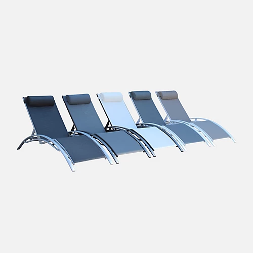 Pair Of Aluminium And Textilene Sun Loungers 4 Reclining Positions Headrest Included Stackable - Louisa - White Frame Grey Tex 4 Pair Of Aluminium And Textilene Sun Loungers 4 Reclining Positions Headrest Included Stackable - Louisa - White Frame Grey Tex - Image 4