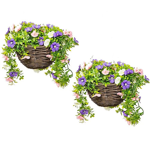 Pair Of Artificial Petunia Flowers Rattan Hanging Basket Decoration Pink Purple & White 25cm 1 Pair Of Artificial Petunia Flowers Rattan Hanging Basket Decoration Pink Purple & White 25cm