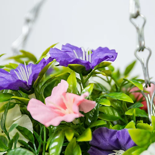 Pair Of Artificial Petunia Flowers Rattan Hanging Basket Decoration Pink Purple & White 25cm 2 Pair Of Artificial Petunia Flowers Rattan Hanging Basket Decoration Pink Purple & White 25cm - Image 2