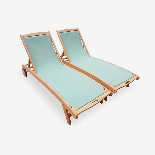 Pair Of FSC Eucalyptus And Textilene Sun Loungers - Natural Wood Colour Sage Green Textilene - Marbella 1 Pair Of FSC Eucalyptus And Textilene Sun Loungers - Natural Wood Colour Sage Green Textilene - Marbella