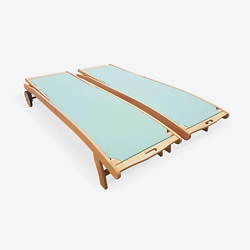 Pair Of FSC Eucalyptus And Textilene Sun Loungers - Natural Wood Colour Sage Green Textilene - Marbella 2 Pair Of FSC Eucalyptus And Textilene Sun Loungers - Natural Wood Colour Sage Green Textilene - Marbella - Image 2