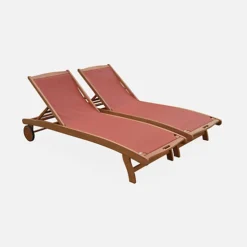 Pair Of FSC Eucalyptus And Textilene Sun Loungers - Natural Wood Colour Terracotta Textilene - Marbella