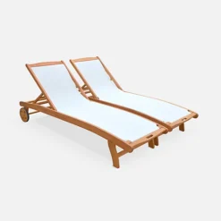 Pair Of FSC Eucalyptus And Textilene Sun Loungers - Natural Wood Colour White Textilene - Marbella