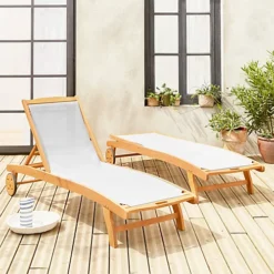 Pair Of FSC Eucalyptus And Textilene Sun Loungers - Natural Wood Colour White Textilene - Marbella -Outsunny Garden Zone pair of fsc eucalyptus and textilene sun loungers natural wood colour white textilene marbella3760247267020 04c MP