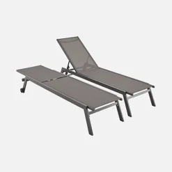 Pair Of Multi-position Aluminium Sun Loungers With Wheels - Elsa - Anthracite Frame Grey Textilene Fabric