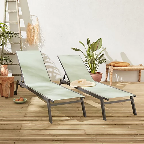 Pair Of Multi-position Aluminium Sun Loungers With Wheels - Elsa - Anthracite Frame Sage Green Textilene Fabric 1 Pair Of Multi-position Aluminium Sun Loungers With Wheels - Elsa - Anthracite Frame Sage Green Textilene Fabric