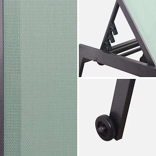 Pair Of Multi-position Aluminium Sun Loungers With Wheels - Elsa - Anthracite Frame Sage Green Textilene Fabric 4 Pair Of Multi-position Aluminium Sun Loungers With Wheels - Elsa - Anthracite Frame Sage Green Textilene Fabric - Image 4