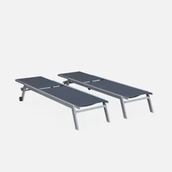 Pair Of Multi-position Aluminium Sun Loungers With Wheels - Elsa - Grey Frame Charcoal Grey Textilene Fabric -Outsunny Garden Zone pair of multi position aluminium sun loungers with wheels elsa grey frame charcoal grey textilene fabric3760247268577 03c MP