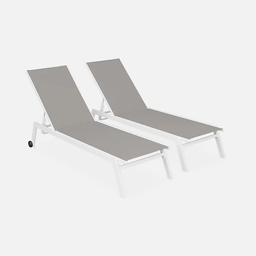 Pair Of Multi-position Aluminium Sun Loungers With Wheels - Elsa - White Frame Taupe Textilene Fabric 2 Pair Of Multi-position Aluminium Sun Loungers With Wheels - Elsa - White Frame Taupe Textilene Fabric - Image 2