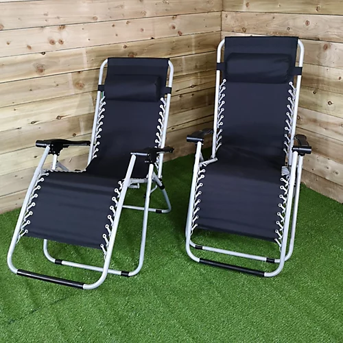 Pair Of Multi Position Garden Gravity Relaxer Chair / Sun Lounger - BLACK/SILVER 1 Pair Of Multi Position Garden Gravity Relaxer Chair / Sun Lounger - BLACK/SILVER