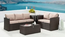 Paloma 4 Piece Outdoor Sofa Brown Rattan Garden Set With Ottoman Chest Storage Tables Dark Beige Cushions