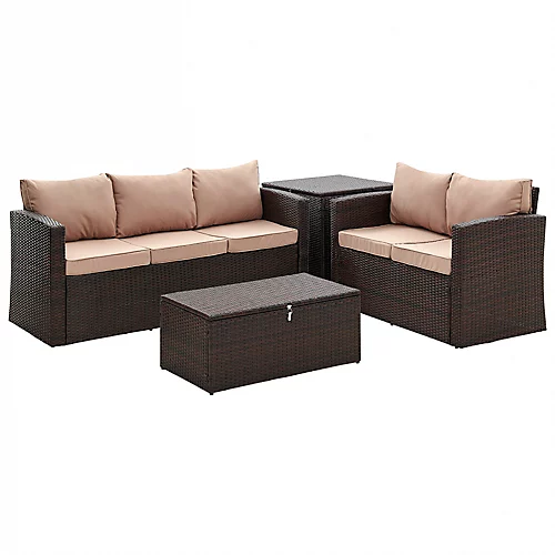 Paloma 4 Piece Outdoor Sofa Brown Rattan Garden Set With Ottoman Chest Storage Tables Dark Beige Cushions 2 Paloma 4 Piece Outdoor Sofa Brown Rattan Garden Set With Ottoman Chest Storage Tables Dark Beige Cushions - Image 2
