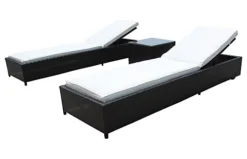 Patio Rattan Sun Lounger Chaise Garden Pool Wicker Recliner 3PCS Recliner Set With Glass Coffee Table - Brown With Beige Cushion