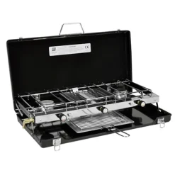 Portable Gas Dual Double 2 Burner Camping Stove & Grill With Toast Rack