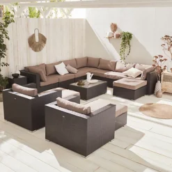Ready Assembled 14-seater Premium Polyrattan Corner Garden Sofa Set - Sofa Armchair Coffee Table - Tripoli - Chocolate Rattan B