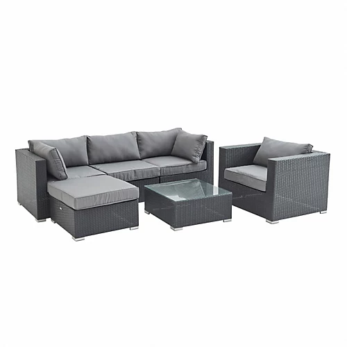 Ready Assembled 5-seater Polyrattan Garden Sofa Set - Sofa Armchair Coffee Table - Caligari - Black Rattan Grey Cushions 2 Ready Assembled 5-seater Polyrattan Garden Sofa Set - Sofa Armchair Coffee Table - Caligari - Black Rattan Grey Cushions - Image 2