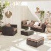 Ready Assembled 5-seater Polyrattan Garden Sofa Set - Sofa Armchair Coffee Table - Caligari - Brown Rattan Chocolate Cushions