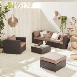 Ready Assembled 5-seater Polyrattan Garden Sofa Set - Sofa Armchair Coffee Table - Caligari - Brown Rattan Chocolate Cushions