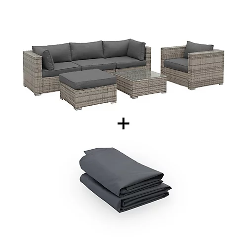 Ready Assembled 5-seater Polyrattan Garden Sofa Set With Protective Cover - Sofa Armchair Coffee Table Caligari Mixed Grey 1 Ready Assembled 5-seater Polyrattan Garden Sofa Set With Protective Cover - Sofa Armchair Coffee Table Caligari Mixed Grey
