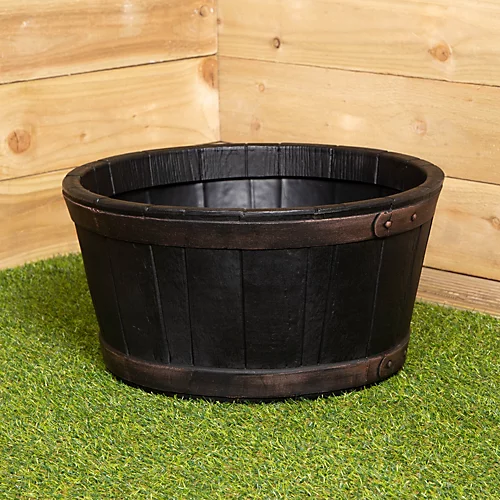 Round Black Garden Barrel Planter 50cm - Oakwood Effect 1 Round Black Garden Barrel Planter 50cm - Oakwood Effect