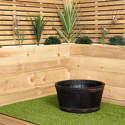 Round Black Garden Barrel Planter 50cm - Oakwood Effect 2 Round Black Garden Barrel Planter 50cm - Oakwood Effect - Image 2