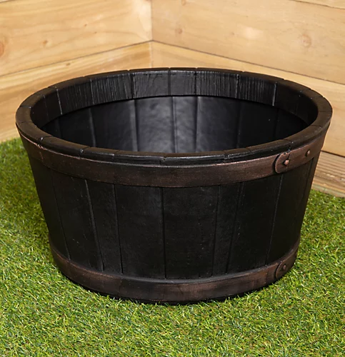 Round Black Garden Barrel Planter 50cm - Oakwood Effect 4 Round Black Garden Barrel Planter 50cm - Oakwood Effect - Image 4