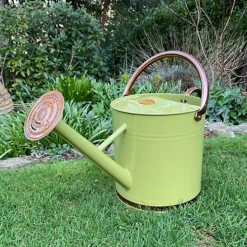 Sage Green & Copper Metal Watering Can With Rose (9 Litre)