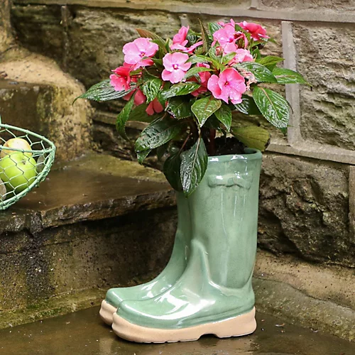 Sage Green Wellington Boot Outdoor Summer Ceramic Flower Pot Garden Planter Pot Gift For Gardeners 3 Sage Green Wellington Boot Outdoor Summer Ceramic Flower Pot Garden Planter Pot Gift For Gardeners - Image 3