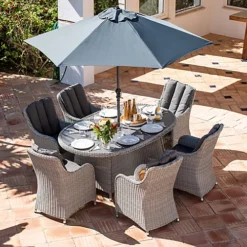 Santiago 6 Seat Oval Rattan Firepit Dining Set In Grey