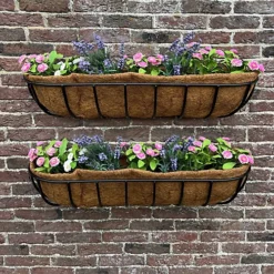 Set Of 2 Manor Garden Black Metal Wall Basket Manger Trough Planters (90cm)
