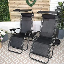 Set Of 2 Multi Position Garden Gravity Relaxer Chair Sun Lounger With Sun Canopy In Black