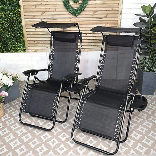 Set Of 2 Multi Position Garden Gravity Relaxer Chair Sun Lounger With Sun Canopy In Black 1 Set Of 2 Multi Position Garden Gravity Relaxer Chair Sun Lounger With Sun Canopy In Black