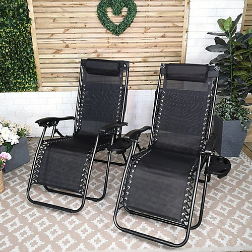 Set Of 2 Multi Position Garden Gravity Relaxer Chair Sun Lounger With Sun Canopy In Black 2 Set Of 2 Multi Position Garden Gravity Relaxer Chair Sun Lounger With Sun Canopy In Black - Image 2