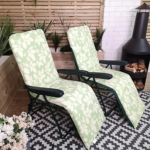 Set Of 2 Padded Outdoor Garden Patio Recliner / Sun Lounger Green With Leaf Pattern 1 Set Of 2 Padded Outdoor Garden Patio Recliner / Sun Lounger Green With Leaf Pattern