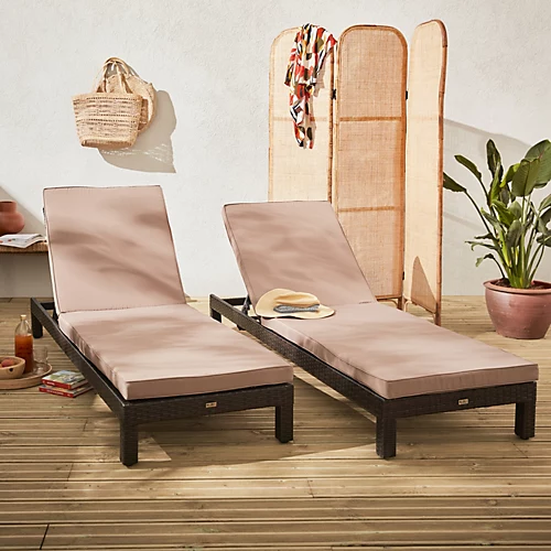 Set Of 2 Rattan Sun Loungers Ready Assembled Reinforced Aluminum - Pisa - Brown Rattan Beige-Brown Cushion 1 Set Of 2 Rattan Sun Loungers Ready Assembled Reinforced Aluminum - Pisa - Brown Rattan Beige-Brown Cushion