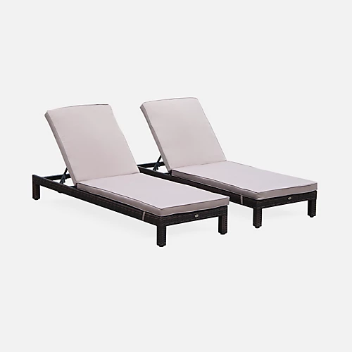 Set Of 2 Rattan Sun Loungers Ready Assembled Reinforced Aluminum - Pisa - Brown Rattan Beige-Brown Cushion 2 Set Of 2 Rattan Sun Loungers Ready Assembled Reinforced Aluminum - Pisa - Brown Rattan Beige-Brown Cushion - Image 2