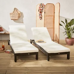 Set Of 2 Rattan Sun Loungers Ready Assembled Reinforced Aluminum - Pisa - Brown Rattan Off-White Cushion