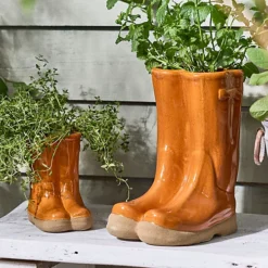 Set Of 2 Small And Large Orange Wellington Boots Outdoor Summer Ceramic Flower Pot Garden Planter Pot Gift For Gardeners