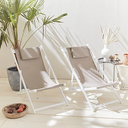 Set Of 2 Sun Loungers - Adjustable Deck Chairs With Headrests Made From Aluminium Frame - Gaia - White Frame Brown Textilene 1 Set Of 2 Sun Loungers - Adjustable Deck Chairs With Headrests Made From Aluminium Frame - Gaia - White Frame Brown Textilene