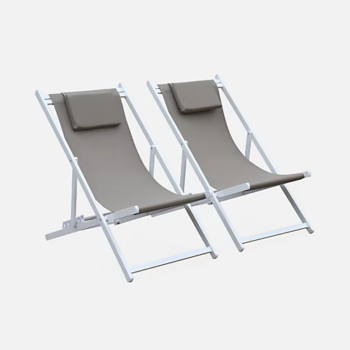 Set Of 2 Sun Loungers - Adjustable Deck Chairs With Headrests Made From Aluminium Frame - Gaia - White Frame Brown Textilene 2 Set Of 2 Sun Loungers - Adjustable Deck Chairs With Headrests Made From Aluminium Frame - Gaia - White Frame Brown Textilene - Image 2