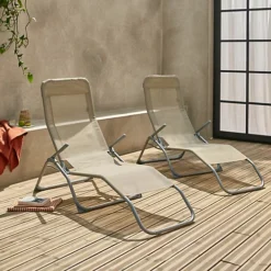 Set Of 2 Textilene Sun Loungers - 2 Positions - Levito - Taupe