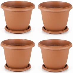 Set Of 4 Terracotta Round Plastic Plant Pot Garden Patio Flower Planter Tub And Saucer Tray V507 31cm 8.8 Litre
