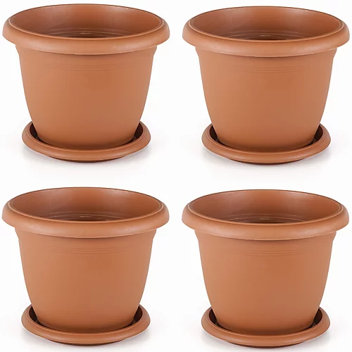 Set Of 4 Terracotta Round Plastic Plant Pot Garden Patio Flower Planter Tub And Saucer Tray V507 31cm 8.8 Litre 1 Set Of 4 Terracotta Round Plastic Plant Pot Garden Patio Flower Planter Tub And Saucer Tray V507 31cm 8.8 Litre