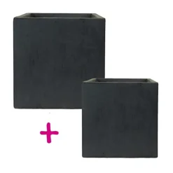Set Of Two IDEALIST Square Box Faux Lead Dark Grey Light Concrete Planters: L40 W40 H40 Cm, 65L + L50 W50 H50 Cm, 126L